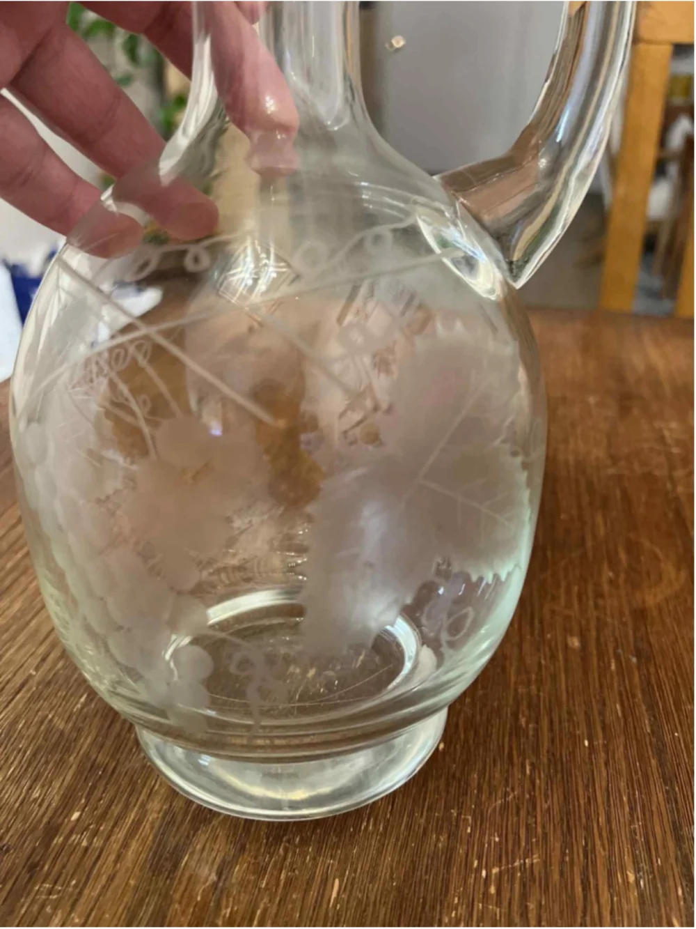Vintage Etched Glass Decanter w Stopper Grapevine & Leaf Design Heavy Solid